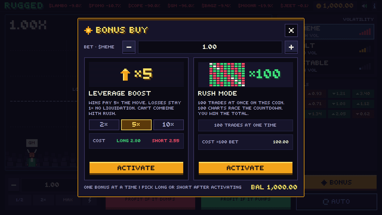 The Rugged bonus menu with a Leverage Boost card set to 5x and a Rush mode card, each with an Activate button.