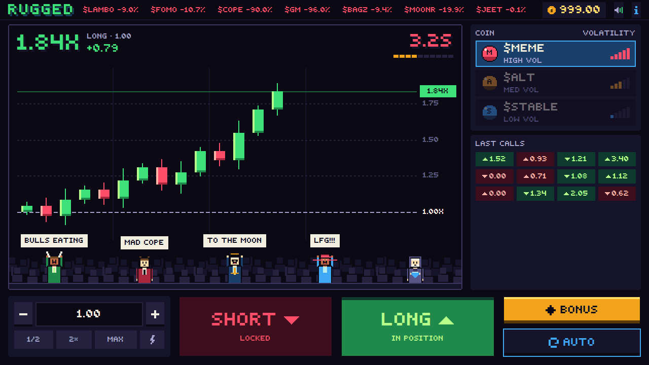 Rugged game screen mid-round: a green candlestick chart climbing above the 1.00x line with a crowd of pixel traders below and big SHORT and LONG buttons.