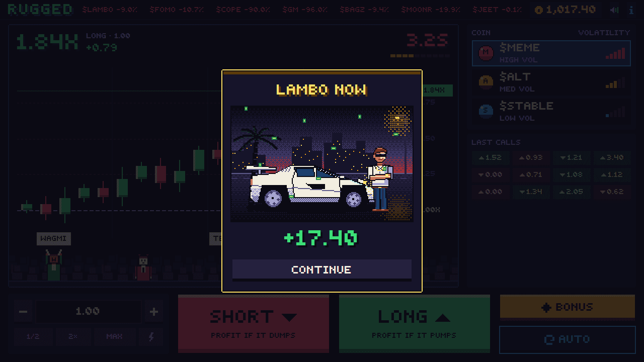 A Rugged win pop-up titled Lambo Now showing a pixel-art sports car at night and a green payout amount.