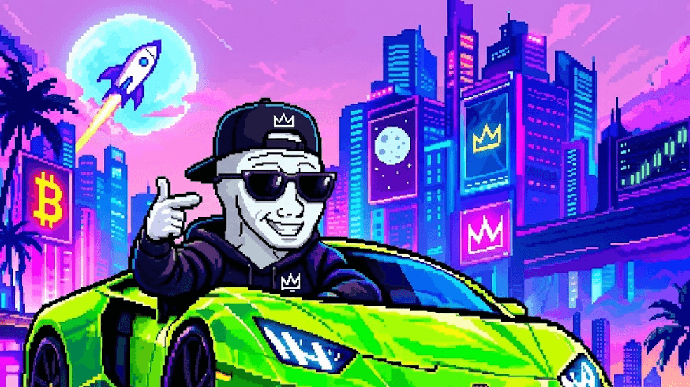 Rugged game tile: the pixel-art trader in a lime green sports car with the Rugged logo.